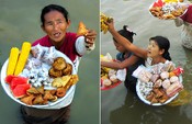 Myinmu Vendors in waist-deep water