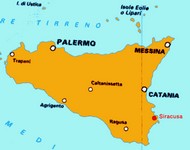 Siracusa in RED on the map of Sicily
