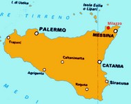 Map of Sicily, showing Milazzo and the Aeolian Islands (481x380, 102.7 kilobytes)